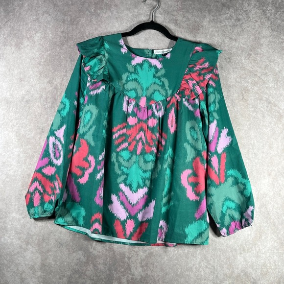 Michelle McDowell Blouse Womens Small Green Ikat Print Ruffle Trim Boho Artsy - Picture 1 of 8